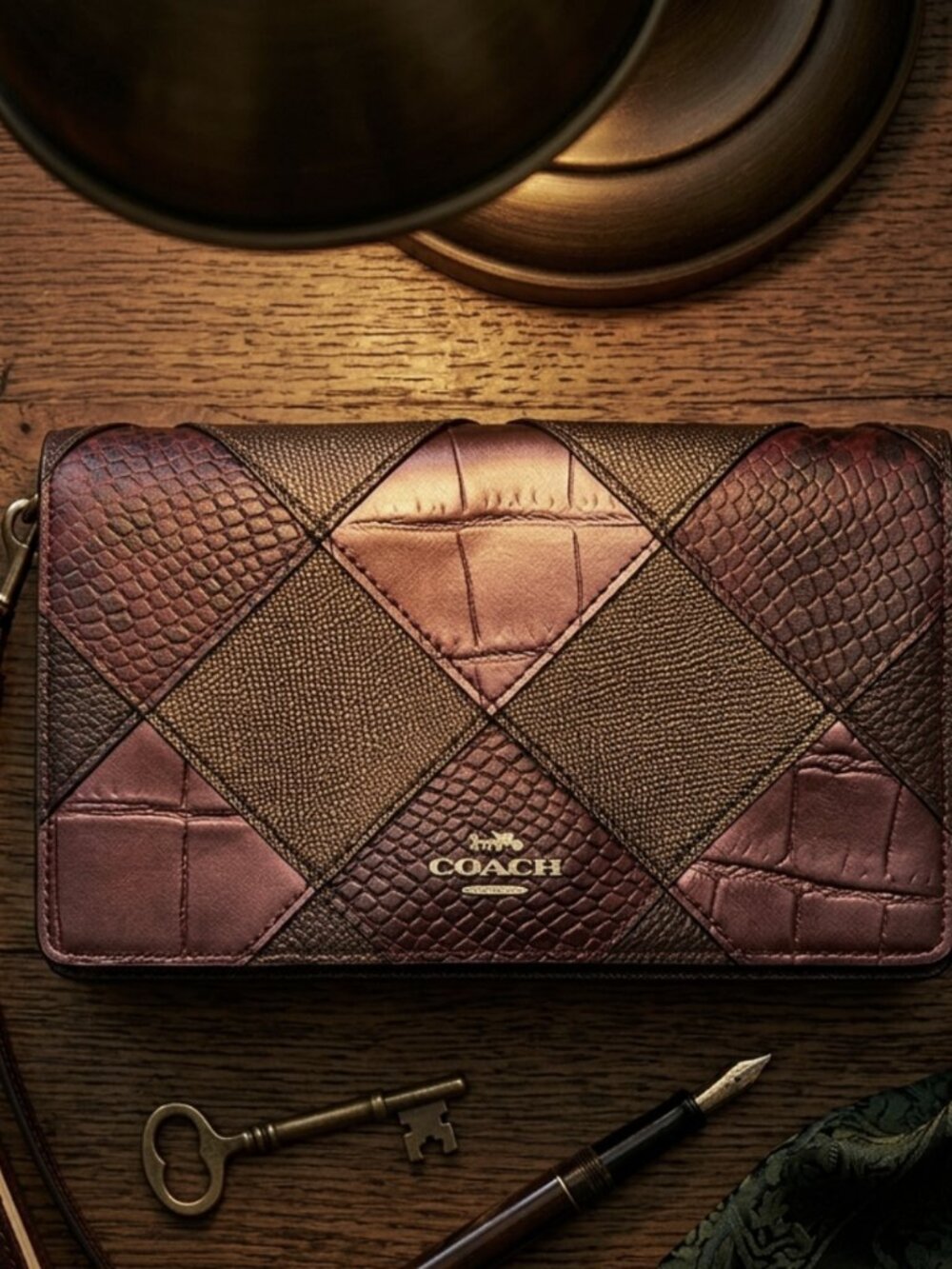 COACH Hayden Accordian Zip Metallic Ox Blood Snake Print Patchwork Wallet Clutch - Picture 5 of 14